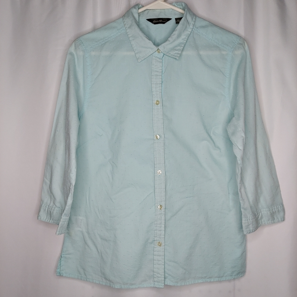 Eddie Bauer Shirt. Button-down. 3/4 length sleeve. Swiss Dot Texture, size M